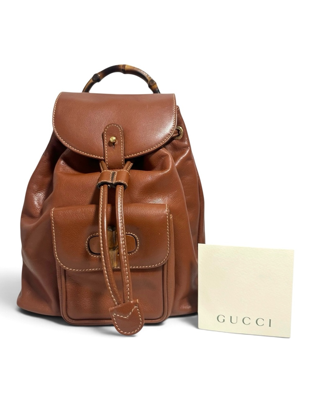 Gucci Acorn Tan Brown Leather & Bamboo Mini Backpack Bag